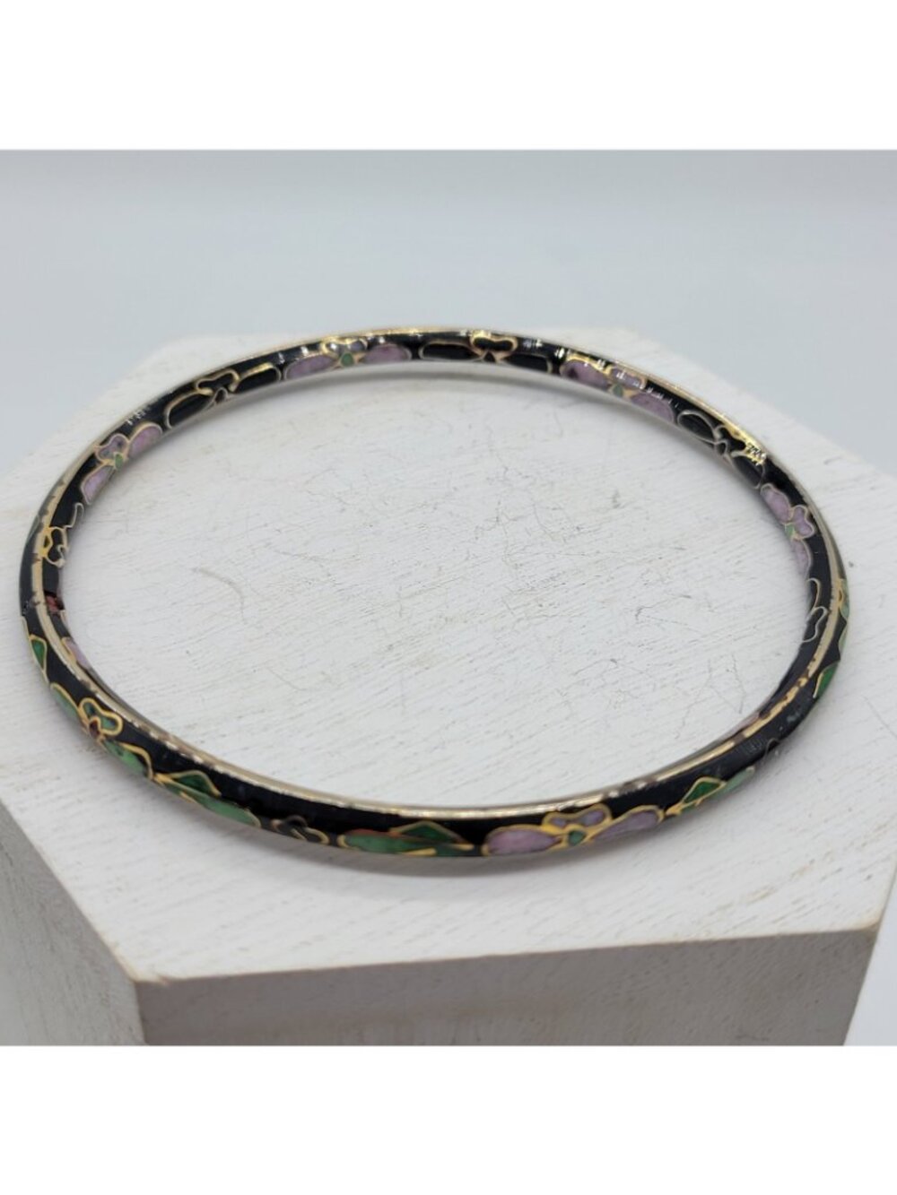 Vintage Cloisonne Black Bangle Bracelet 8" Layering Stacking - Picture 3 of 3